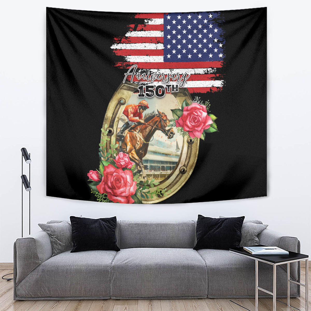 Kentucky Race For Rose 150th Tapestry Horseshoe With American Flag Vintage Style