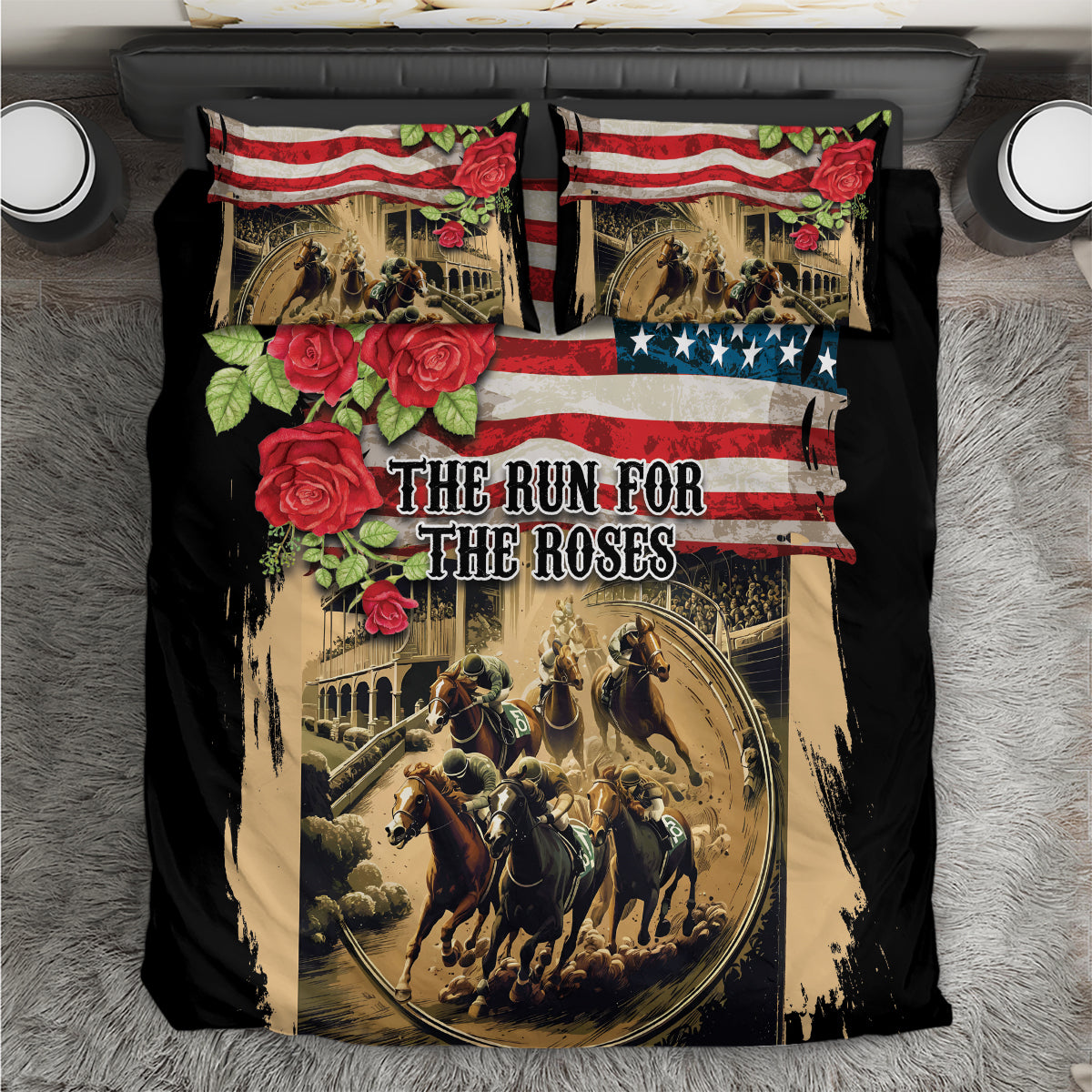 The First Kentucky Horse Racing Bedding Set Since 1875 American Flag Vintage Style