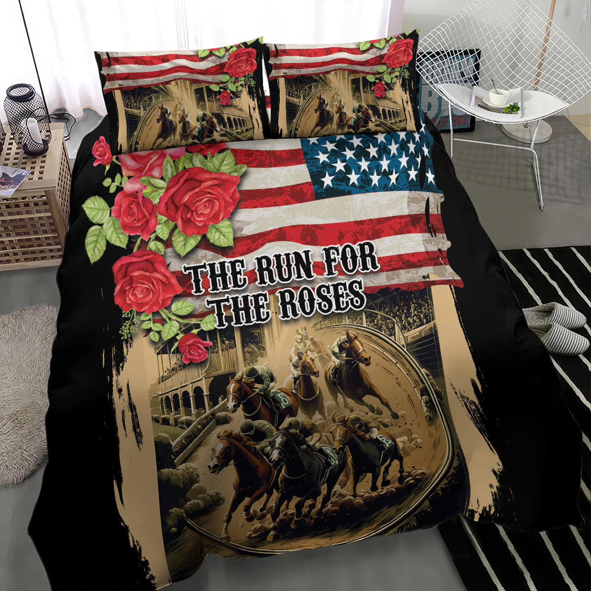 The First Kentucky Horse Racing Bedding Set Since 1875 American Flag Vintage Style - Wonder Print Shop