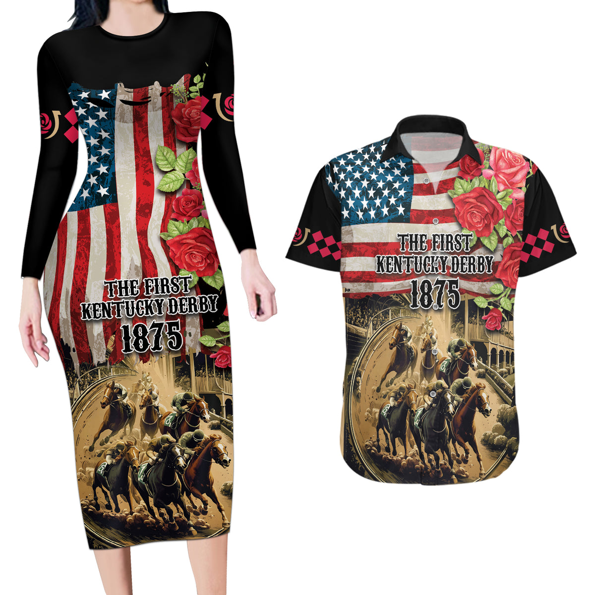 The First Kentucky Horse Racing Couples Matching Long Sleeve Bodycon Dress and Hawaiian Shirt Since 1875 American Flag Vintage Style - Wonder Print Shop