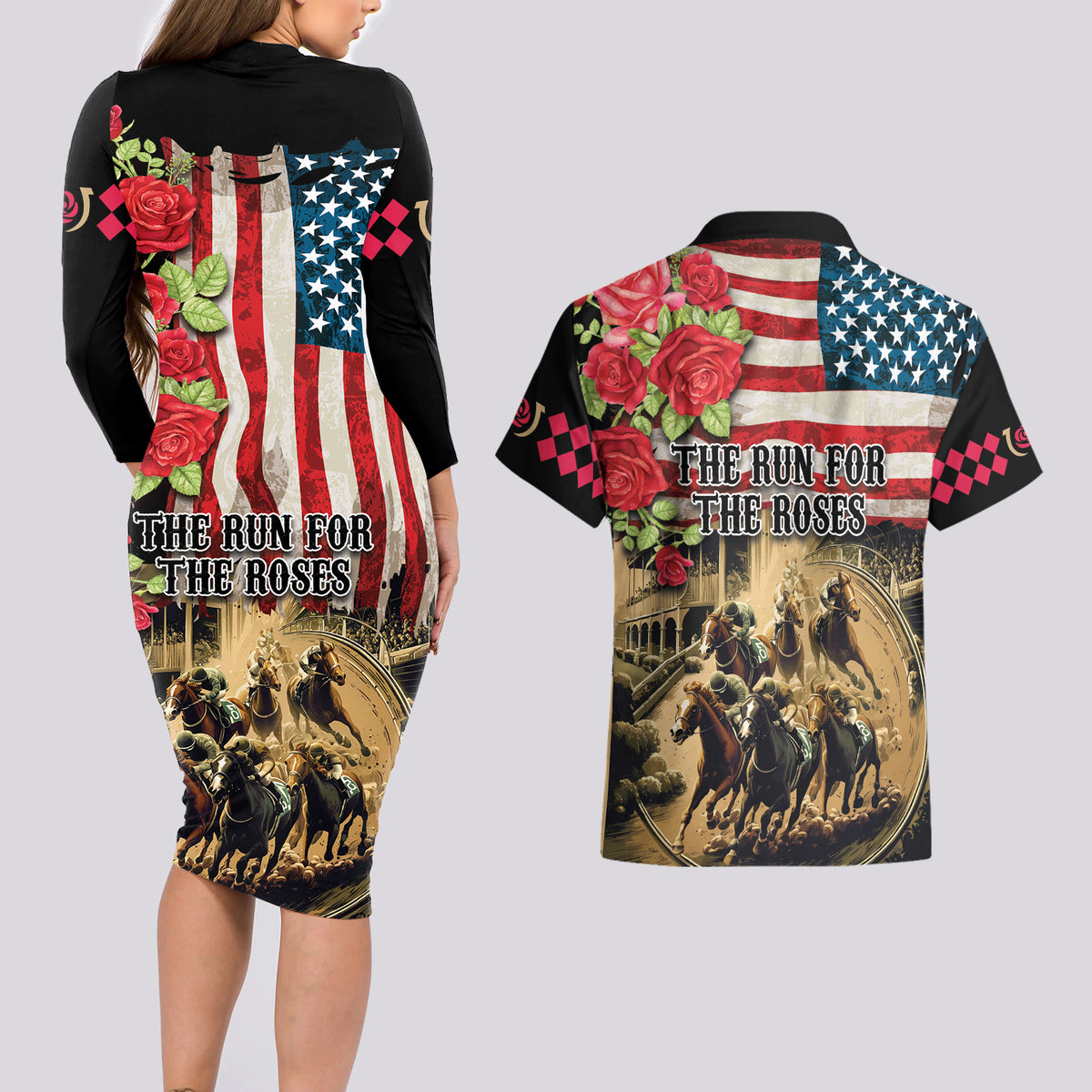The First Kentucky Horse Racing Couples Matching Long Sleeve Bodycon Dress and Hawaiian Shirt Since 1875 American Flag Vintage Style - Wonder Print Shop