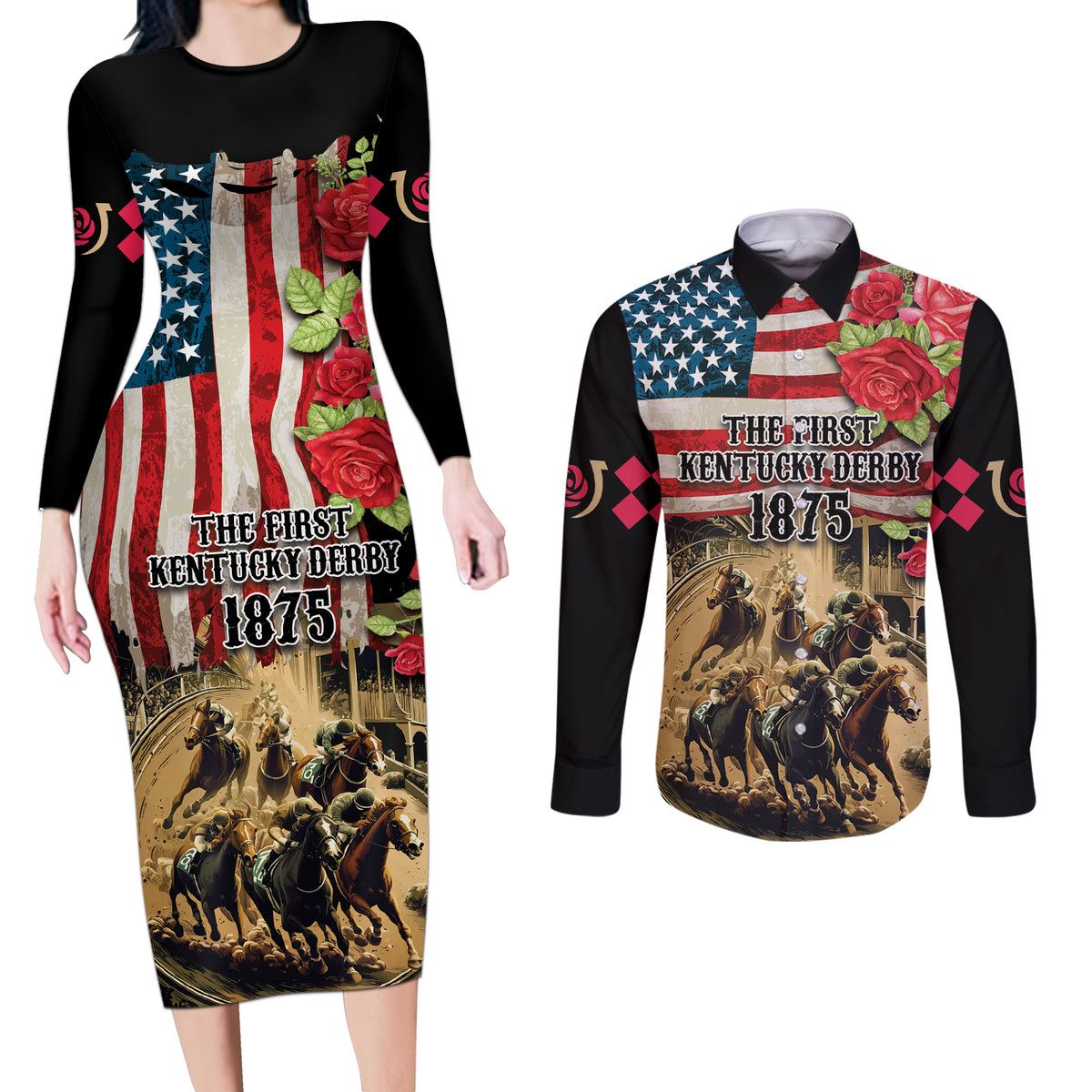 The First Kentucky Horse Racing Couples Matching Long Sleeve Bodycon Dress and Long Sleeve Button Shirt Since 1875 American Flag Vintage Style - Wonder Print Shop