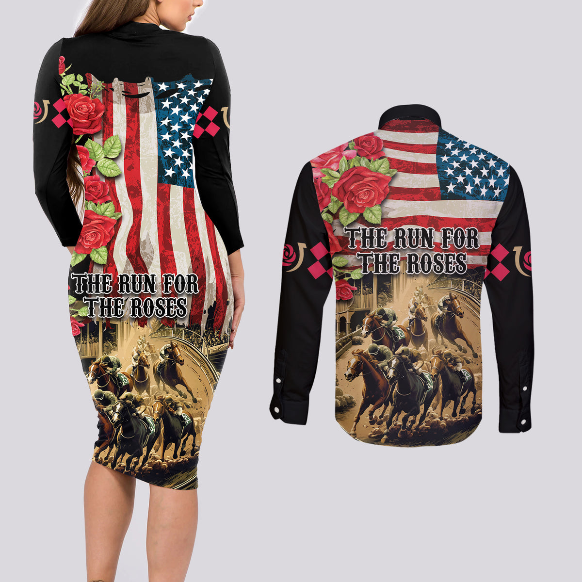 The First Kentucky Horse Racing Couples Matching Long Sleeve Bodycon Dress and Long Sleeve Button Shirt Since 1875 American Flag Vintage Style - Wonder Print Shop