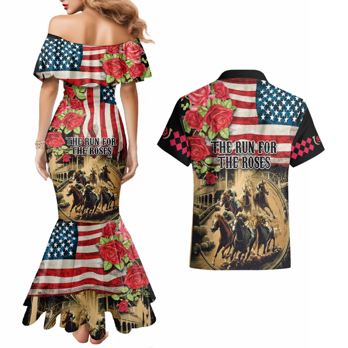 The First Kentucky Horse Racing Couples Matching Mermaid Dress and Hawaiian Shirt Since 1875 American Flag Vintage Style - Wonder Print Shop