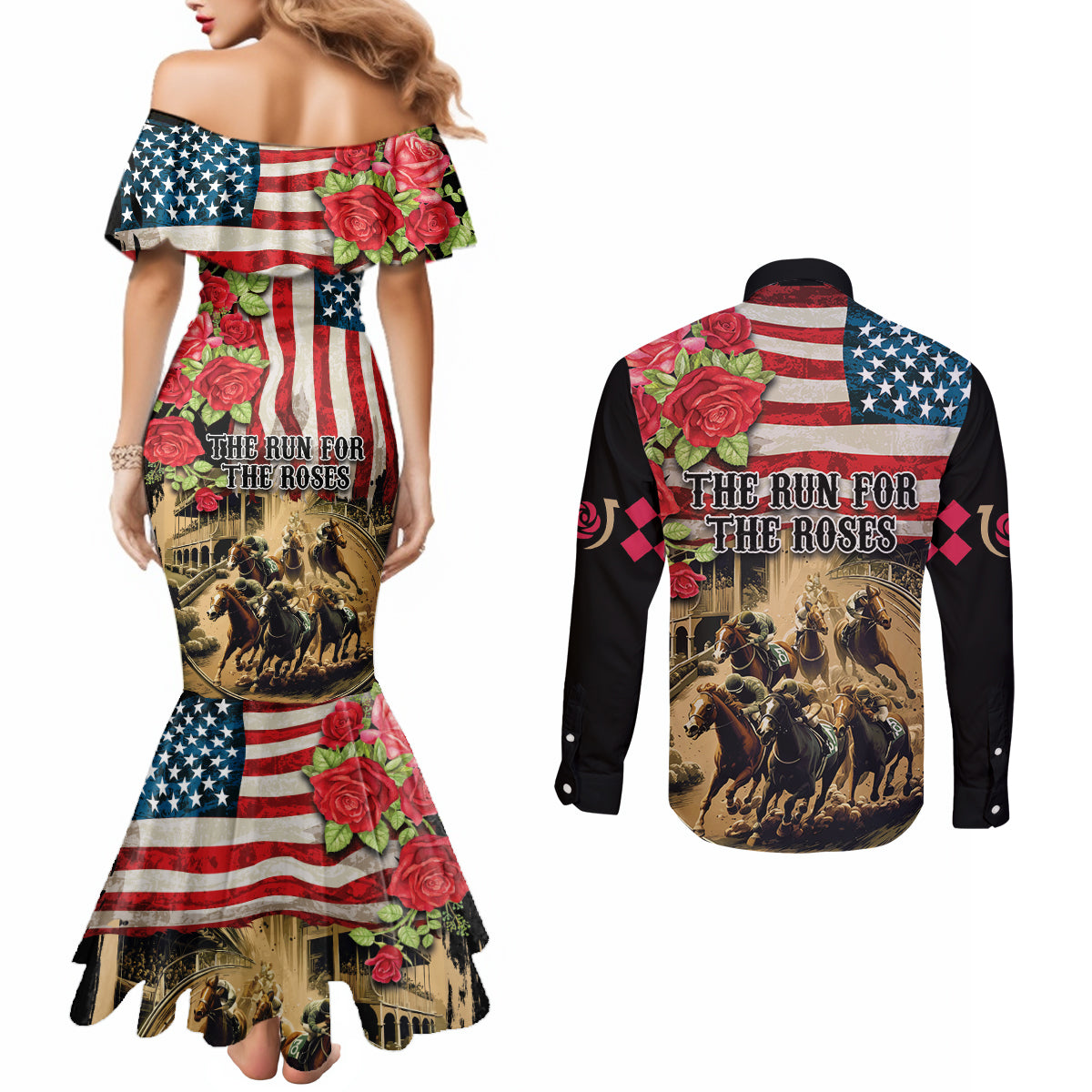 The First Kentucky Horse Racing Couples Matching Mermaid Dress and Long Sleeve Button Shirt Since 1875 American Flag Vintage Style