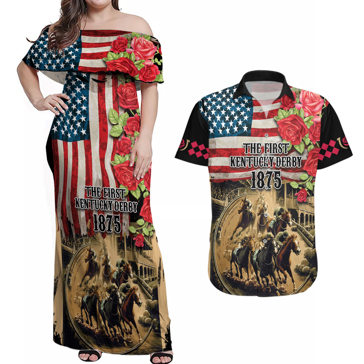 The First Kentucky Horse Racing Couples Matching Off Shoulder Maxi Dress and Hawaiian Shirt Since 1875 American Flag Vintage Style - Wonder Print Shop