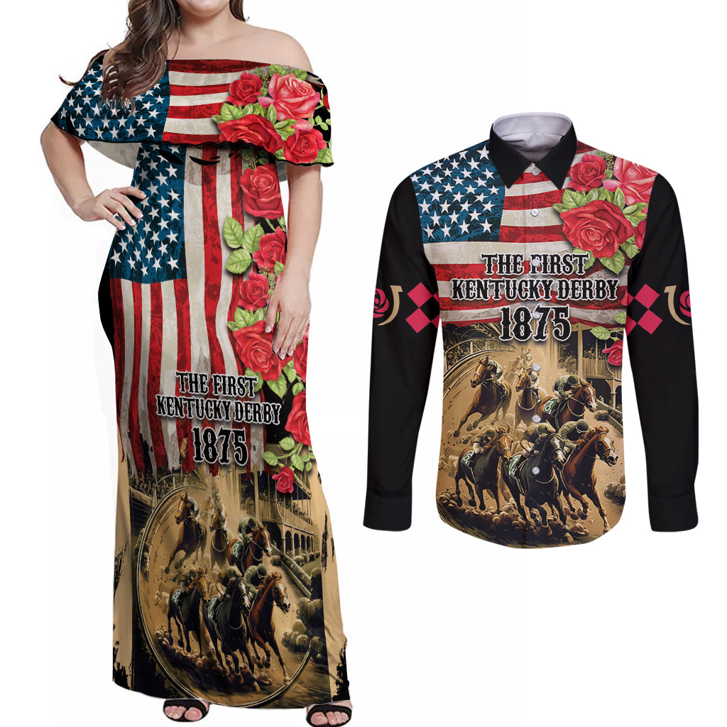 The First Kentucky Horse Racing Couples Matching Off Shoulder Maxi Dress and Long Sleeve Button Shirt Since 1875 American Flag Vintage Style - Wonder Print Shop