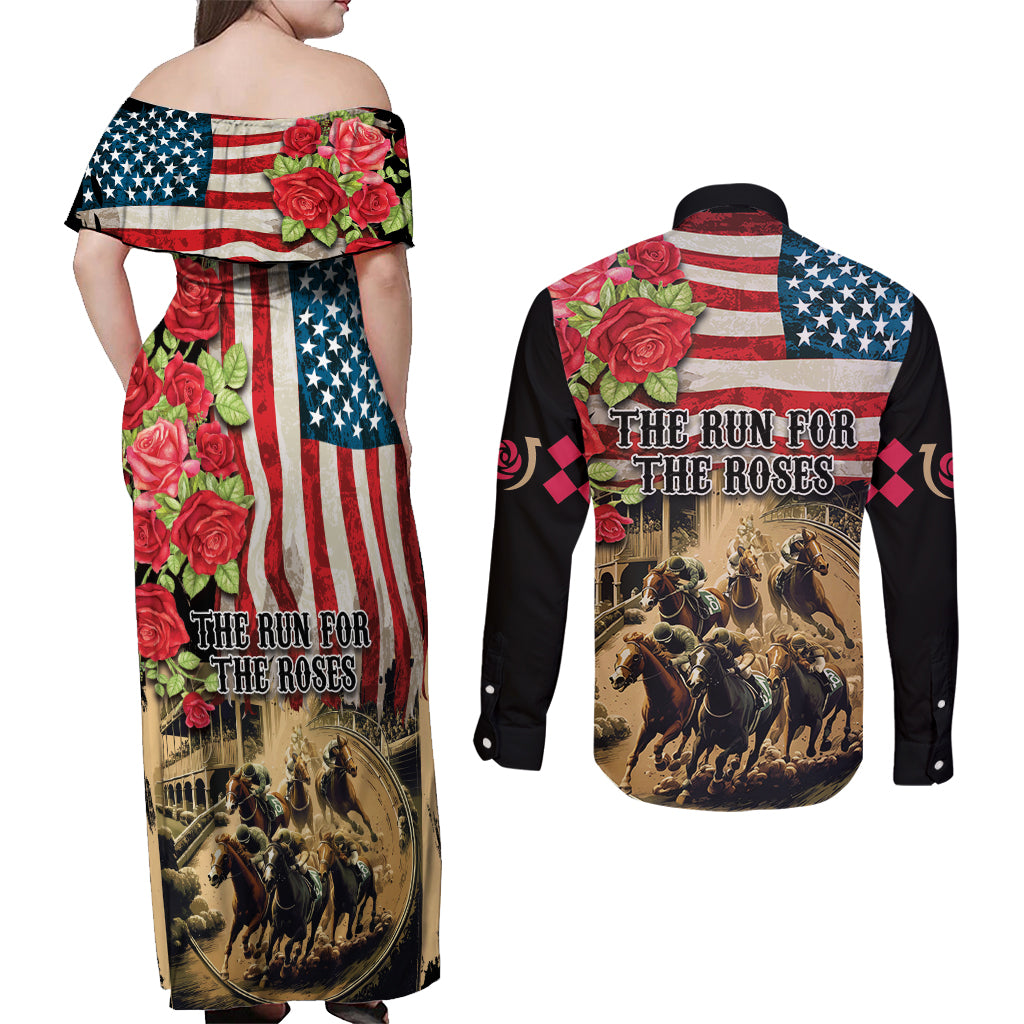 The First Kentucky Horse Racing Couples Matching Off Shoulder Maxi Dress and Long Sleeve Button Shirt Since 1875 American Flag Vintage Style - Wonder Print Shop
