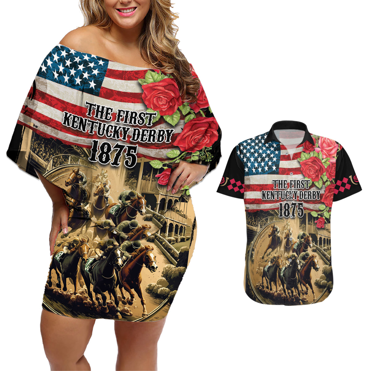 The First Kentucky Horse Racing Couples Matching Off Shoulder Short Dress and Hawaiian Shirt Since 1875 American Flag Vintage Style - Wonder Print Shop