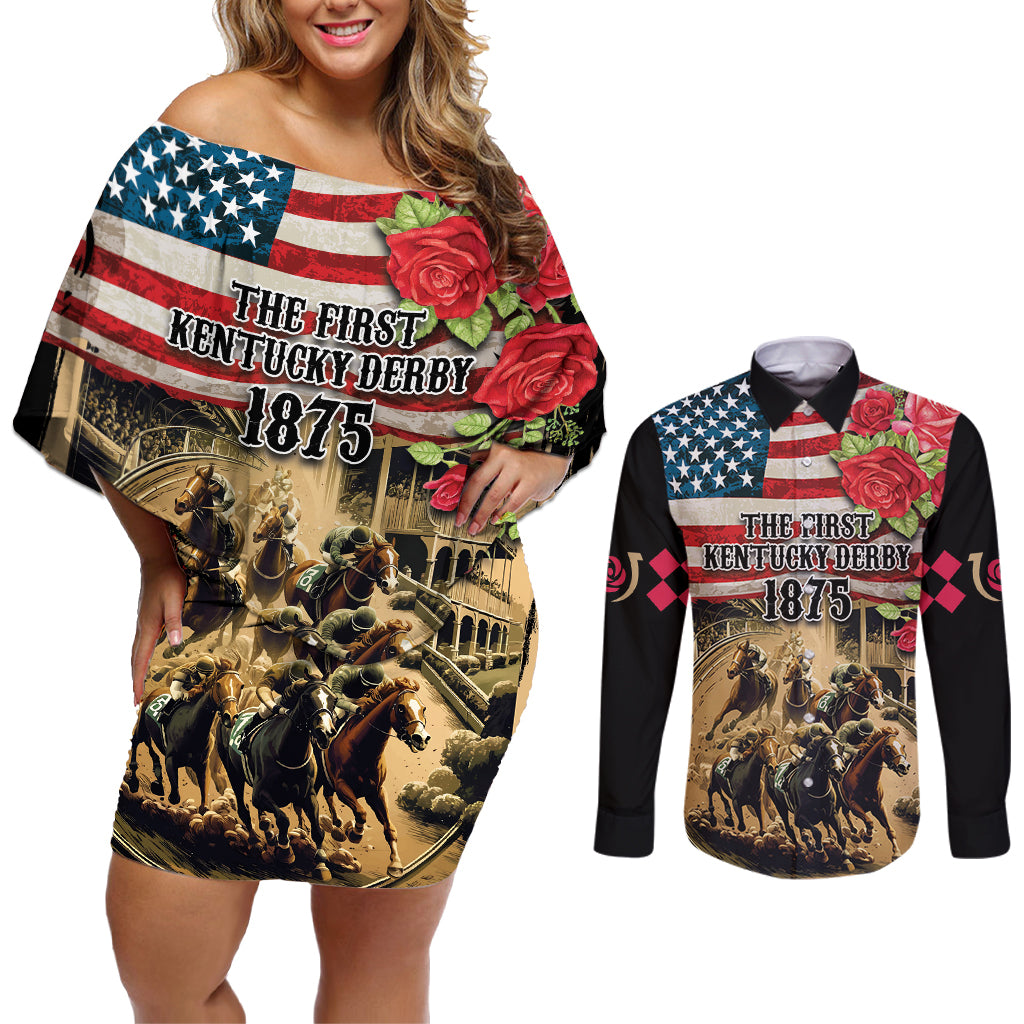 The First Kentucky Horse Racing Couples Matching Off Shoulder Short Dress and Long Sleeve Button Shirt Since 1875 American Flag Vintage Style - Wonder Print Shop