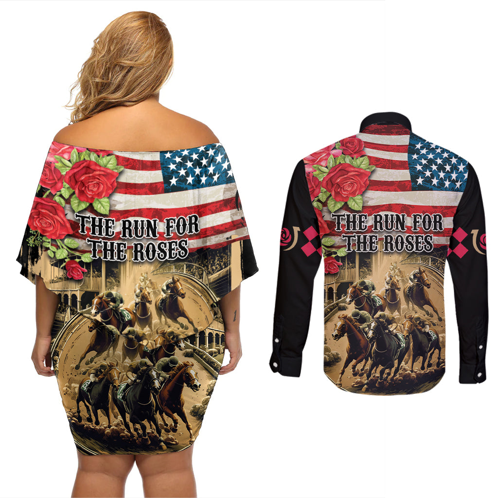 The First Kentucky Horse Racing Couples Matching Off Shoulder Short Dress and Long Sleeve Button Shirt Since 1875 American Flag Vintage Style - Wonder Print Shop