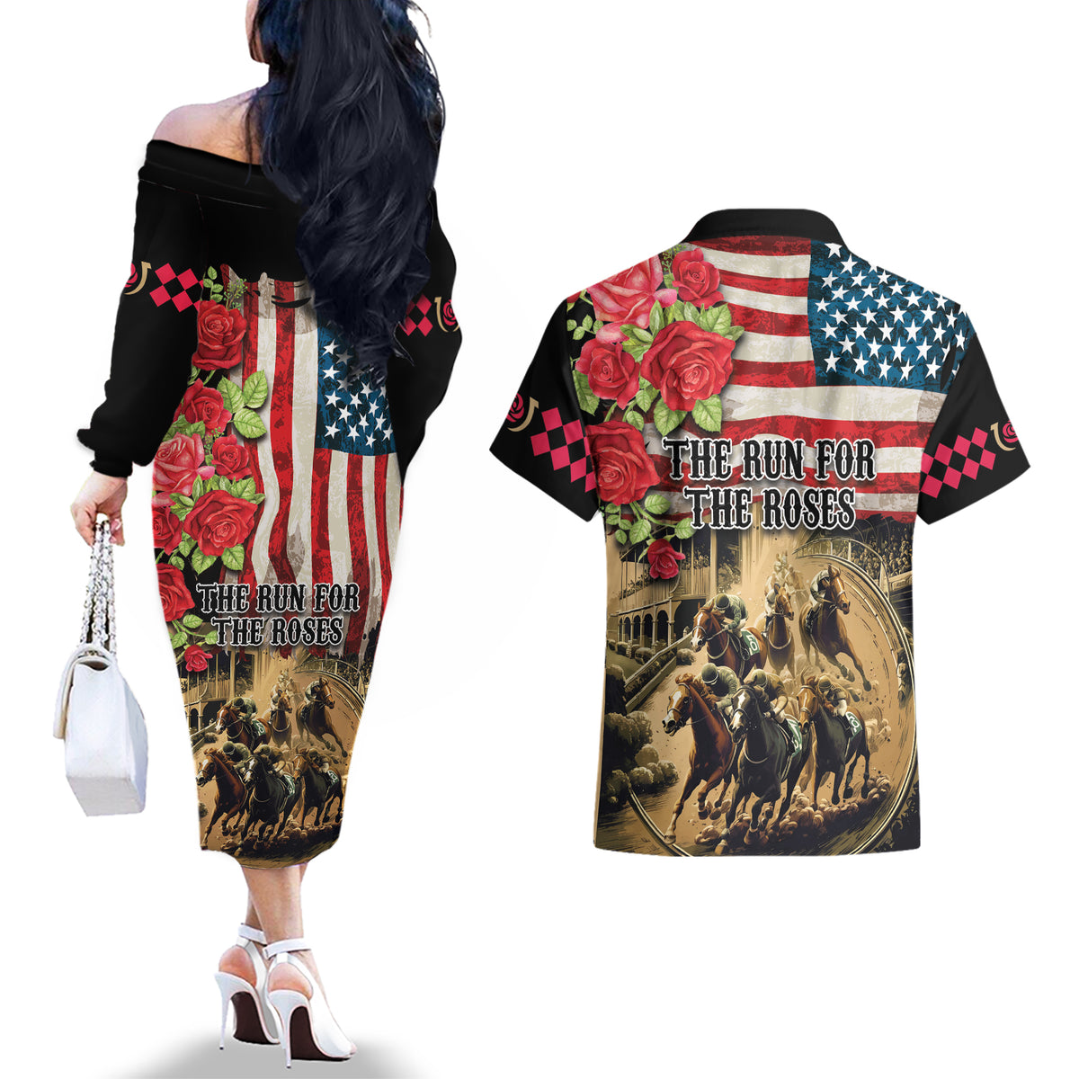 The First Kentucky Horse Racing Couples Matching Off The Shoulder Long Sleeve Dress and Hawaiian Shirt Since 1875 American Flag Vintage Style - Wonder Print Shop