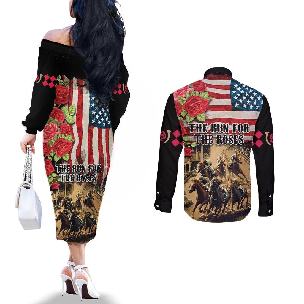 The First Kentucky Horse Racing Couples Matching Off The Shoulder Long Sleeve Dress and Long Sleeve Button Shirt Since 1875 American Flag Vintage Style