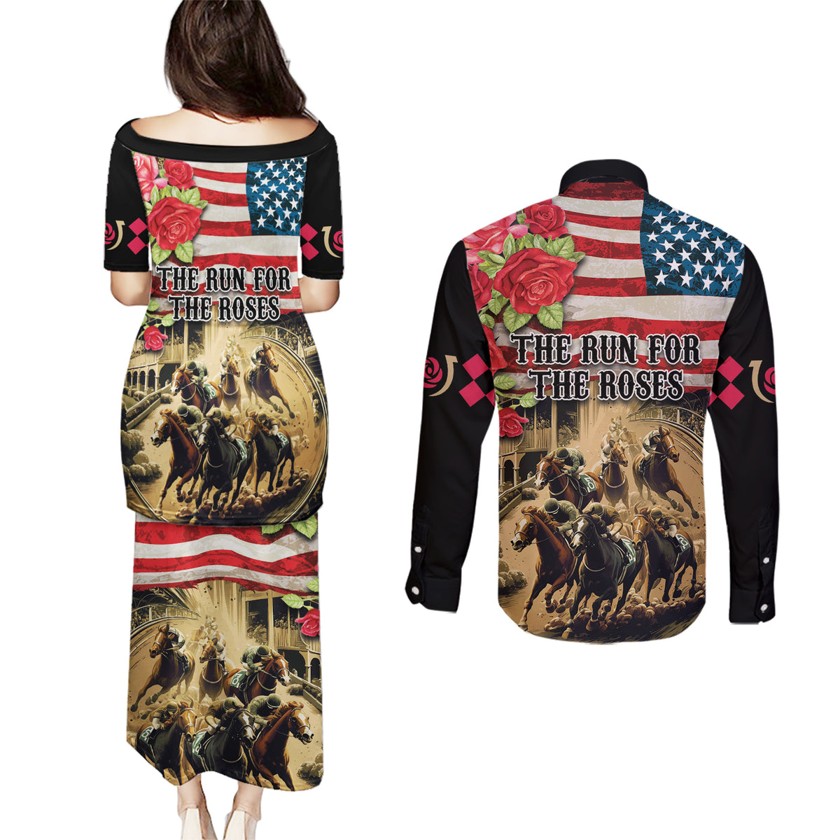 The First Kentucky Horse Racing Couples Matching Puletasi and Long Sleeve Button Shirt Since 1875 American Flag Vintage Style - Wonder Print Shop