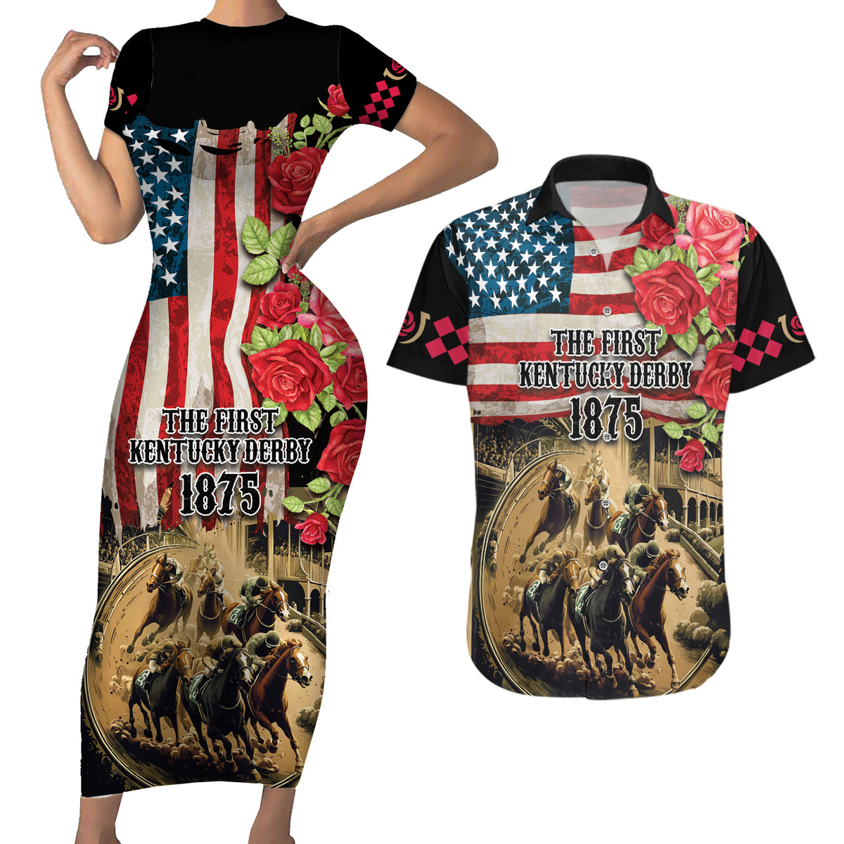 The First Kentucky Horse Racing Couples Matching Short Sleeve Bodycon Dress and Hawaiian Shirt Since 1875 American Flag Vintage Style - Wonder Print Shop