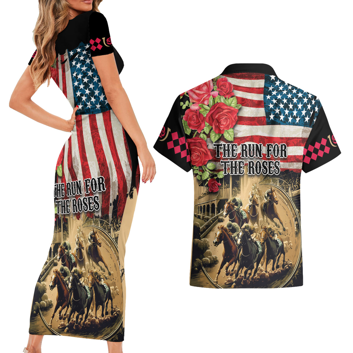 The First Kentucky Horse Racing Couples Matching Short Sleeve Bodycon Dress and Hawaiian Shirt Since 1875 American Flag Vintage Style - Wonder Print Shop