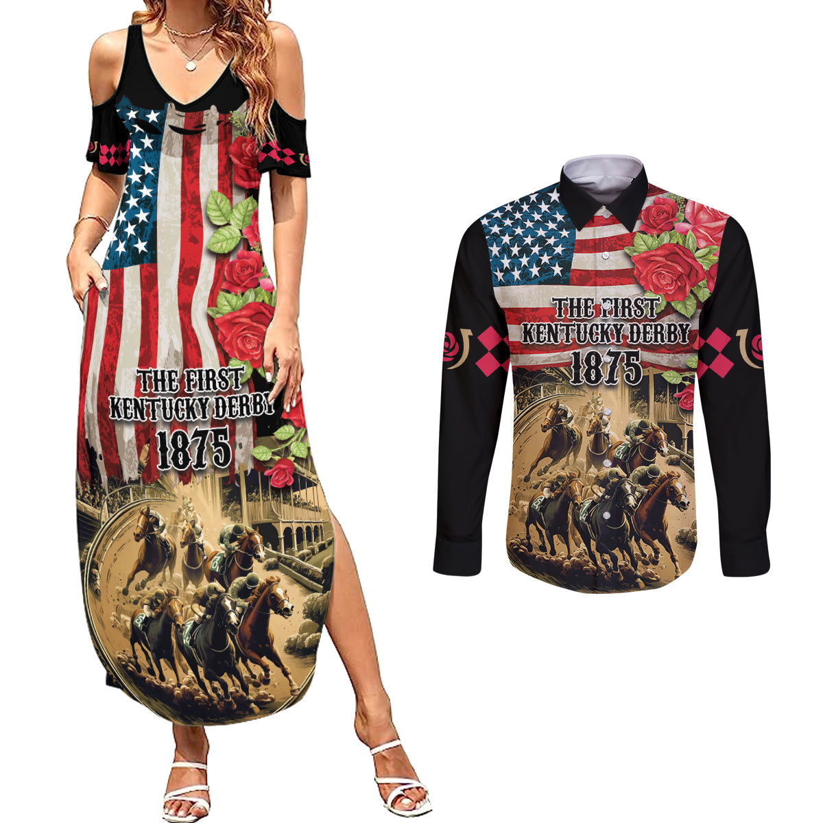 The First Kentucky Horse Racing Couples Matching Summer Maxi Dress and Long Sleeve Button Shirt Since 1875 American Flag Vintage Style - Wonder Print Shop