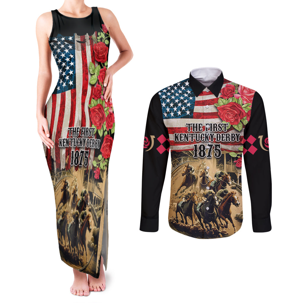 The First Kentucky Horse Racing Couples Matching Tank Maxi Dress and Long Sleeve Button Shirt Since 1875 American Flag Vintage Style - Wonder Print Shop