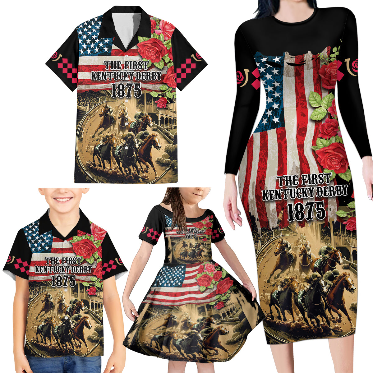 The First Kentucky Horse Racing Family Matching Long Sleeve Bodycon Dress and Hawaiian Shirt Since 1875 American Flag Vintage Style - Wonder Print Shop