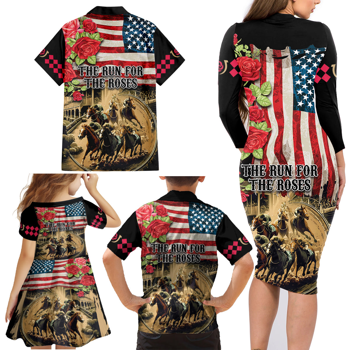 The First Kentucky Horse Racing Family Matching Long Sleeve Bodycon Dress and Hawaiian Shirt Since 1875 American Flag Vintage Style - Wonder Print Shop