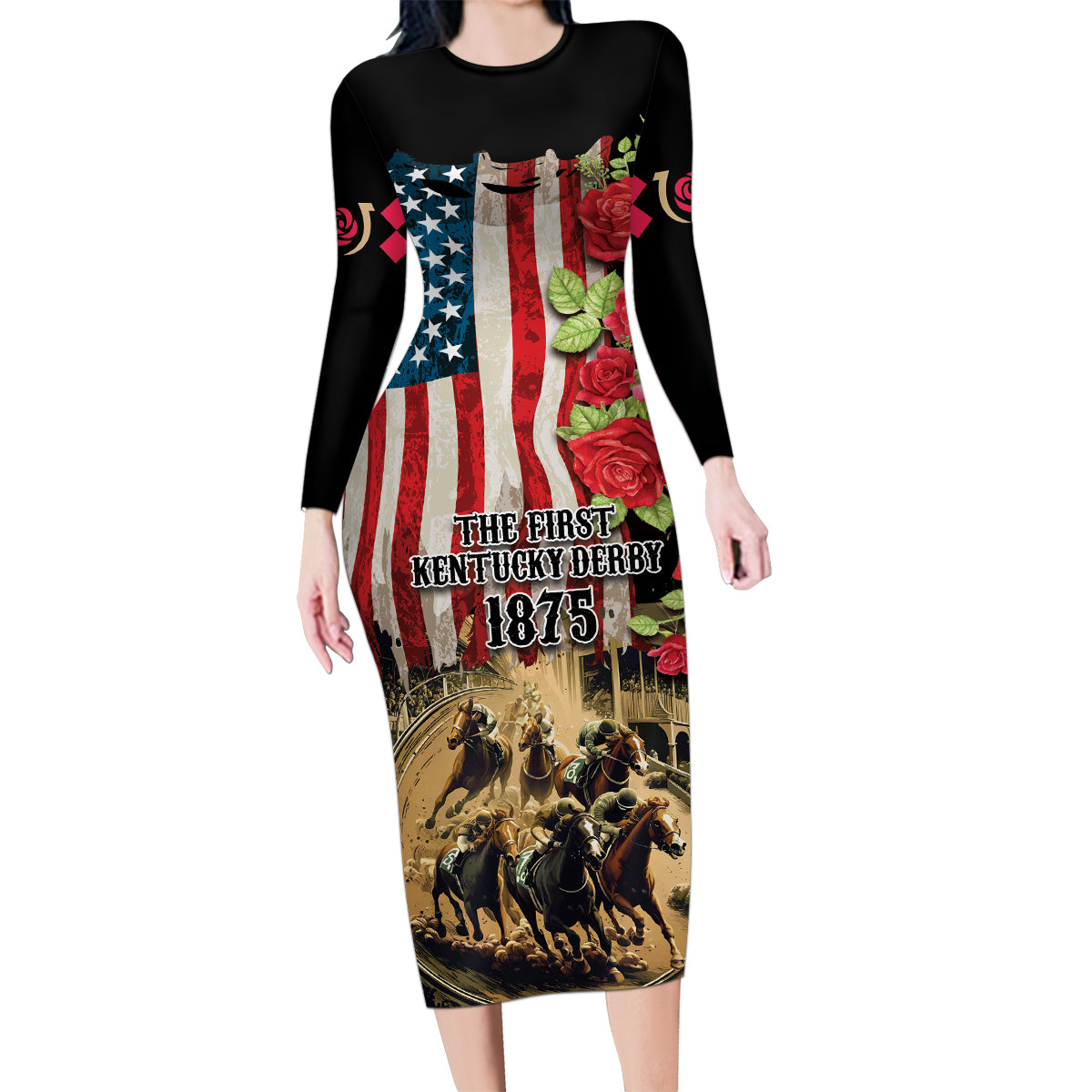 The First Kentucky Horse Racing Family Matching Long Sleeve Bodycon Dress and Hawaiian Shirt Since 1875 American Flag Vintage Style - Wonder Print Shop
