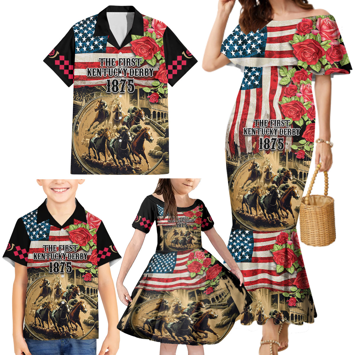 The First Kentucky Horse Racing Family Matching Mermaid Dress and Hawaiian Shirt Since 1875 American Flag Vintage Style - Wonder Print Shop