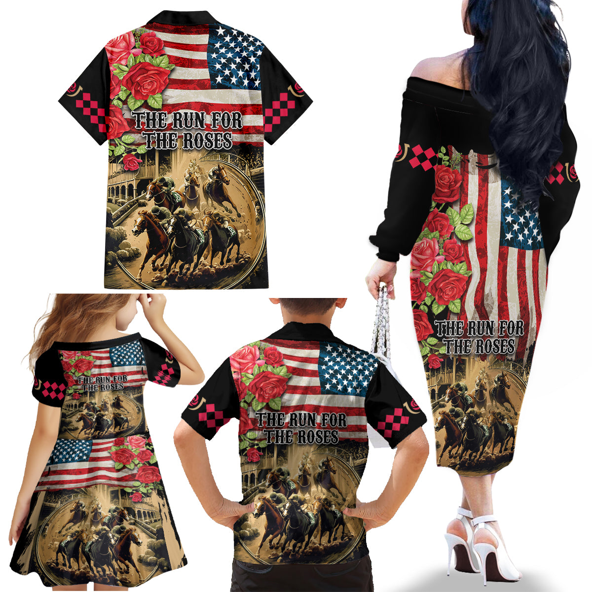The First Kentucky Horse Racing Family Matching Off The Shoulder Long Sleeve Dress and Hawaiian Shirt Since 1875 American Flag Vintage Style - Wonder Print Shop