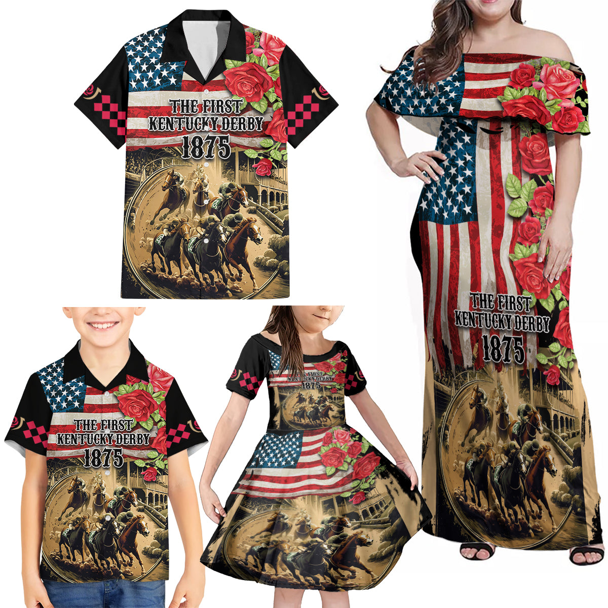 The First Kentucky Horse Racing Family Matching Off Shoulder Maxi Dress and Hawaiian Shirt Since 1875 American Flag Vintage Style - Wonder Print Shop