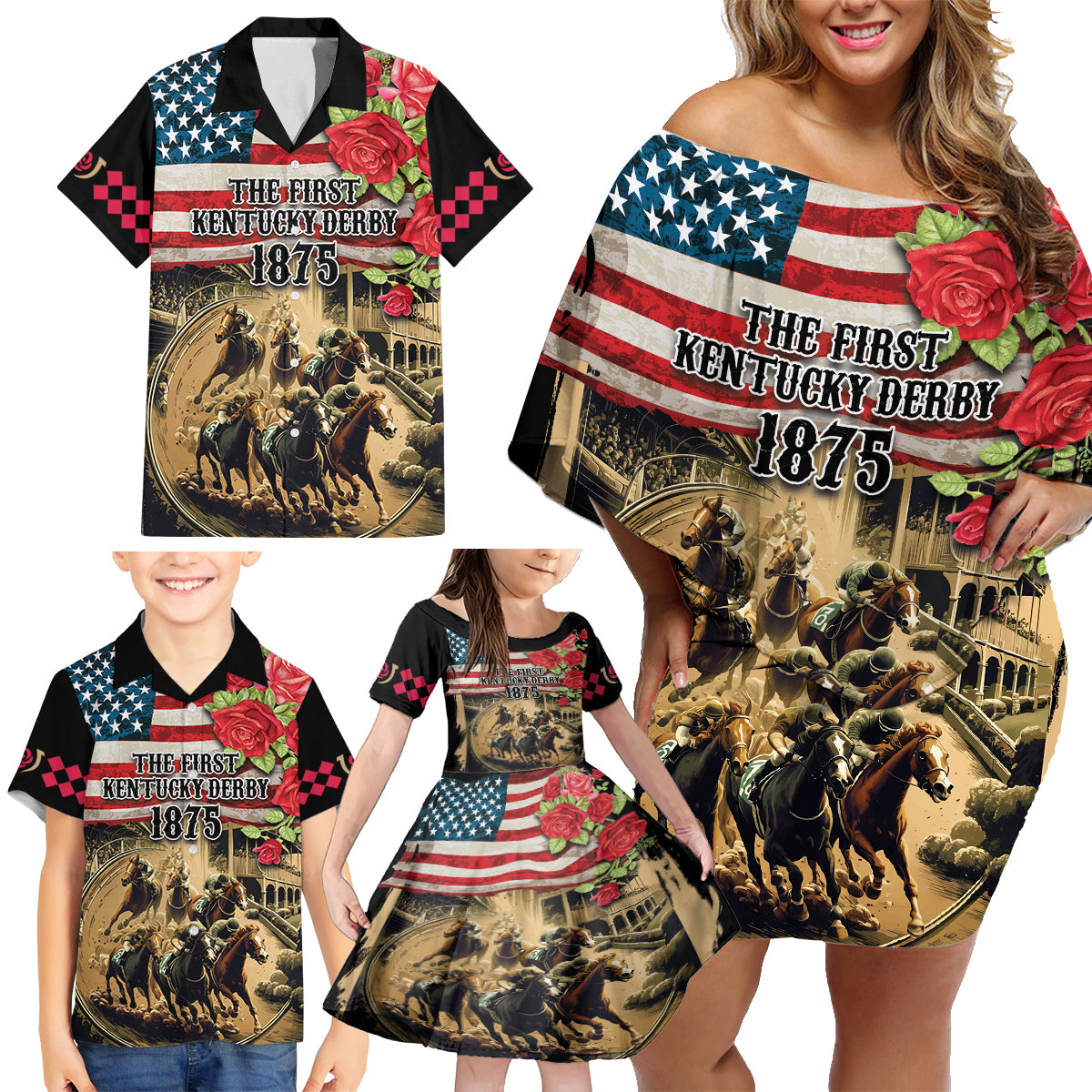 The First Kentucky Horse Racing Family Matching Off Shoulder Short Dress and Hawaiian Shirt Since 1875 American Flag Vintage Style - Wonder Print Shop