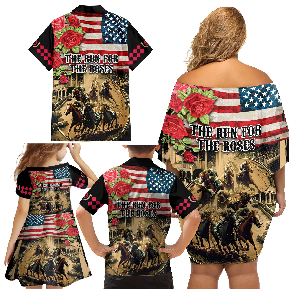 The First Kentucky Horse Racing Family Matching Off Shoulder Short Dress and Hawaiian Shirt Since 1875 American Flag Vintage Style - Wonder Print Shop