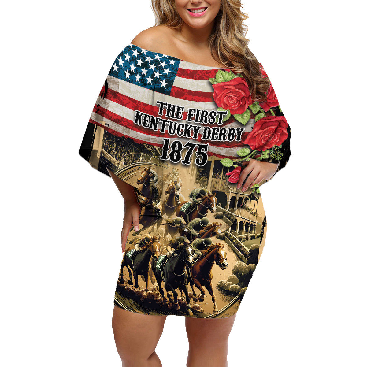 The First Kentucky Horse Racing Family Matching Off Shoulder Short Dress and Hawaiian Shirt Since 1875 American Flag Vintage Style - Wonder Print Shop