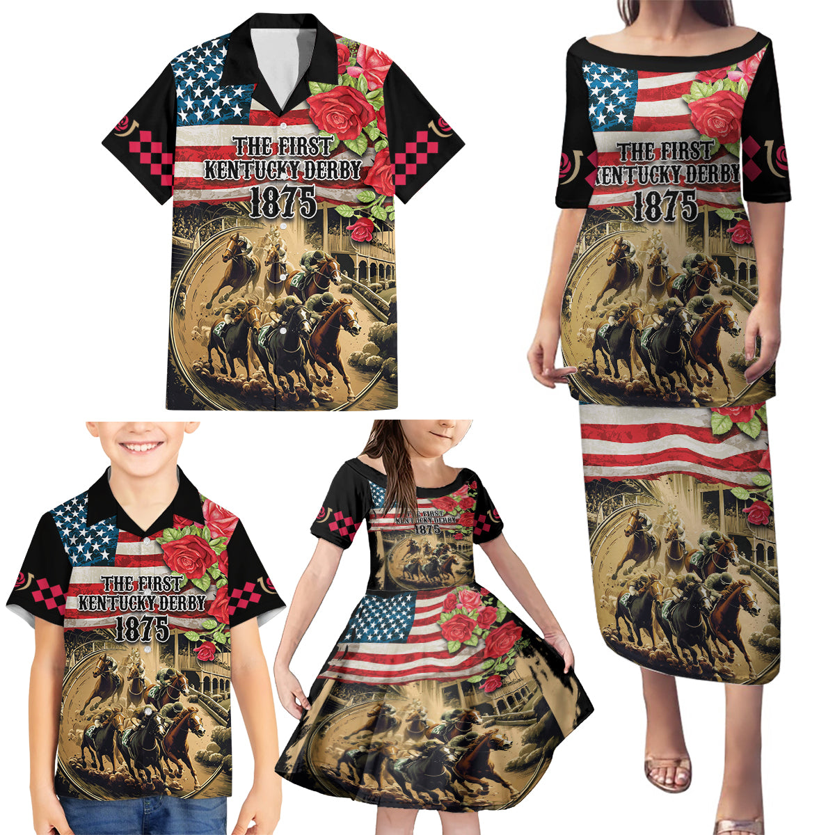 The First Kentucky Horse Racing Family Matching Puletasi and Hawaiian Shirt Since 1875 American Flag Vintage Style - Wonder Print Shop