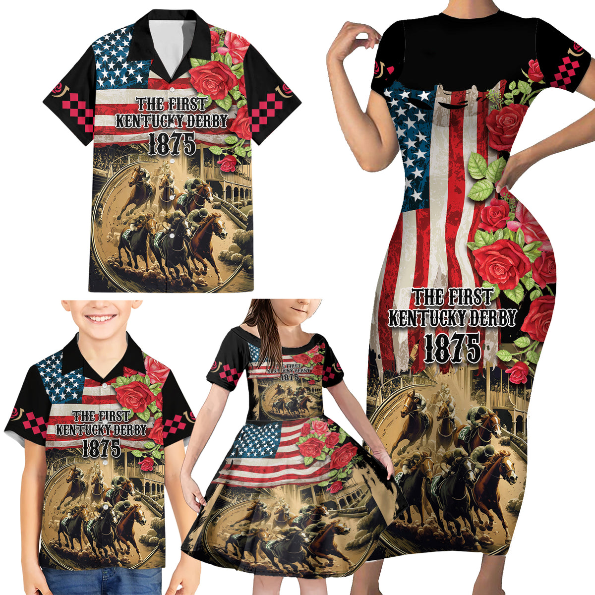 The First Kentucky Horse Racing Family Matching Short Sleeve Bodycon Dress and Hawaiian Shirt Since 1875 American Flag Vintage Style - Wonder Print Shop