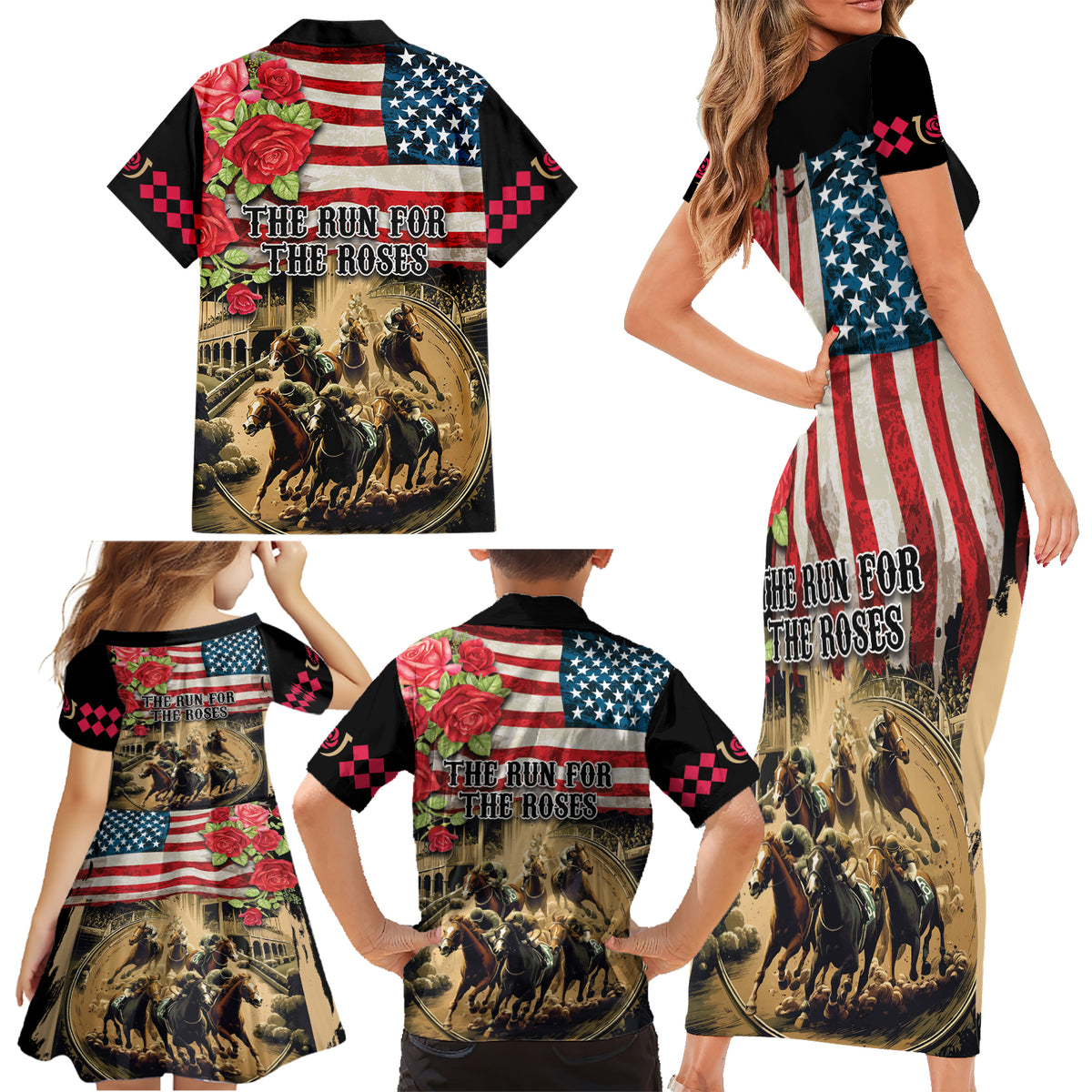 The First Kentucky Horse Racing Family Matching Short Sleeve Bodycon Dress and Hawaiian Shirt Since 1875 American Flag Vintage Style - Wonder Print Shop