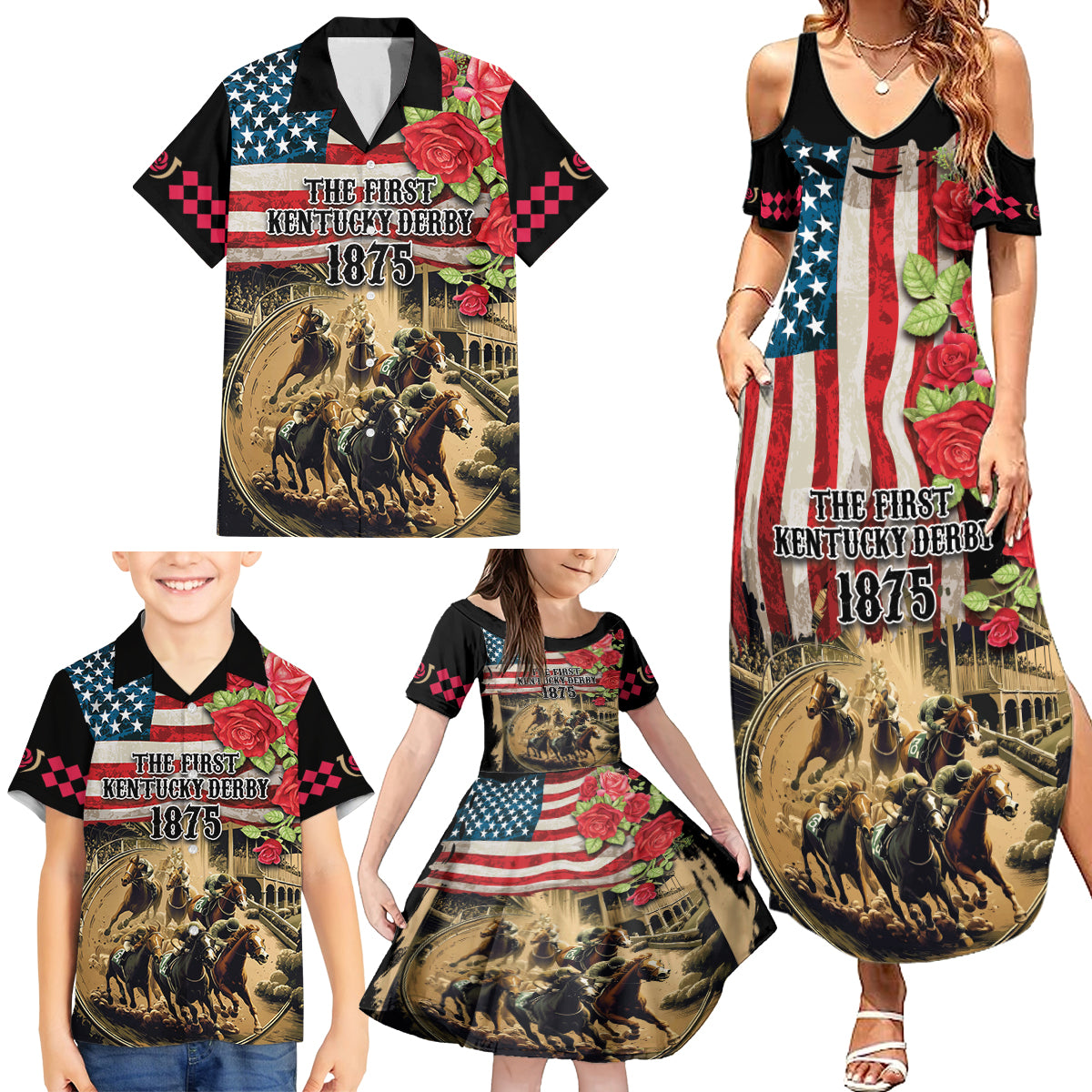 The First Kentucky Horse Racing Family Matching Summer Maxi Dress and Hawaiian Shirt Since 1875 American Flag Vintage Style - Wonder Print Shop