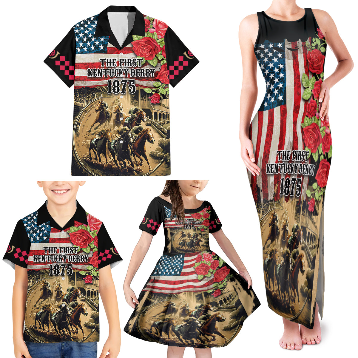 The First Kentucky Horse Racing Family Matching Tank Maxi Dress and Hawaiian Shirt Since 1875 American Flag Vintage Style - Wonder Print Shop