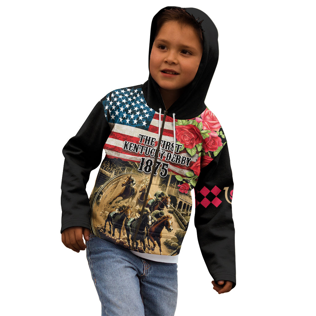 The First Kentucky Horse Racing Kid Hoodie Since 1875 American Flag Vintage Style - Wonder Print Shop