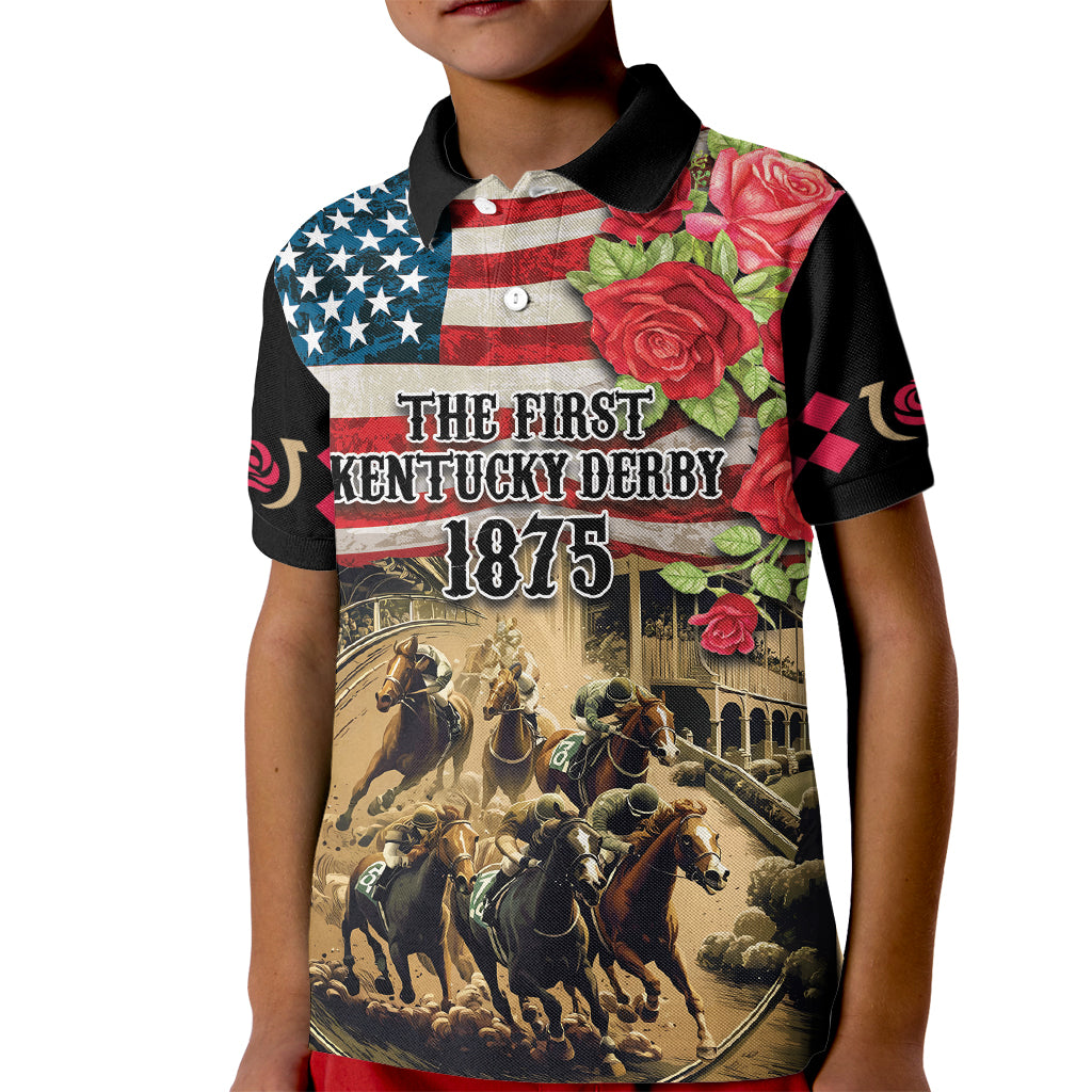 The First Kentucky Horse Racing Kid Polo Shirt Since 1875 American Flag Vintage Style - Wonder Print Shop