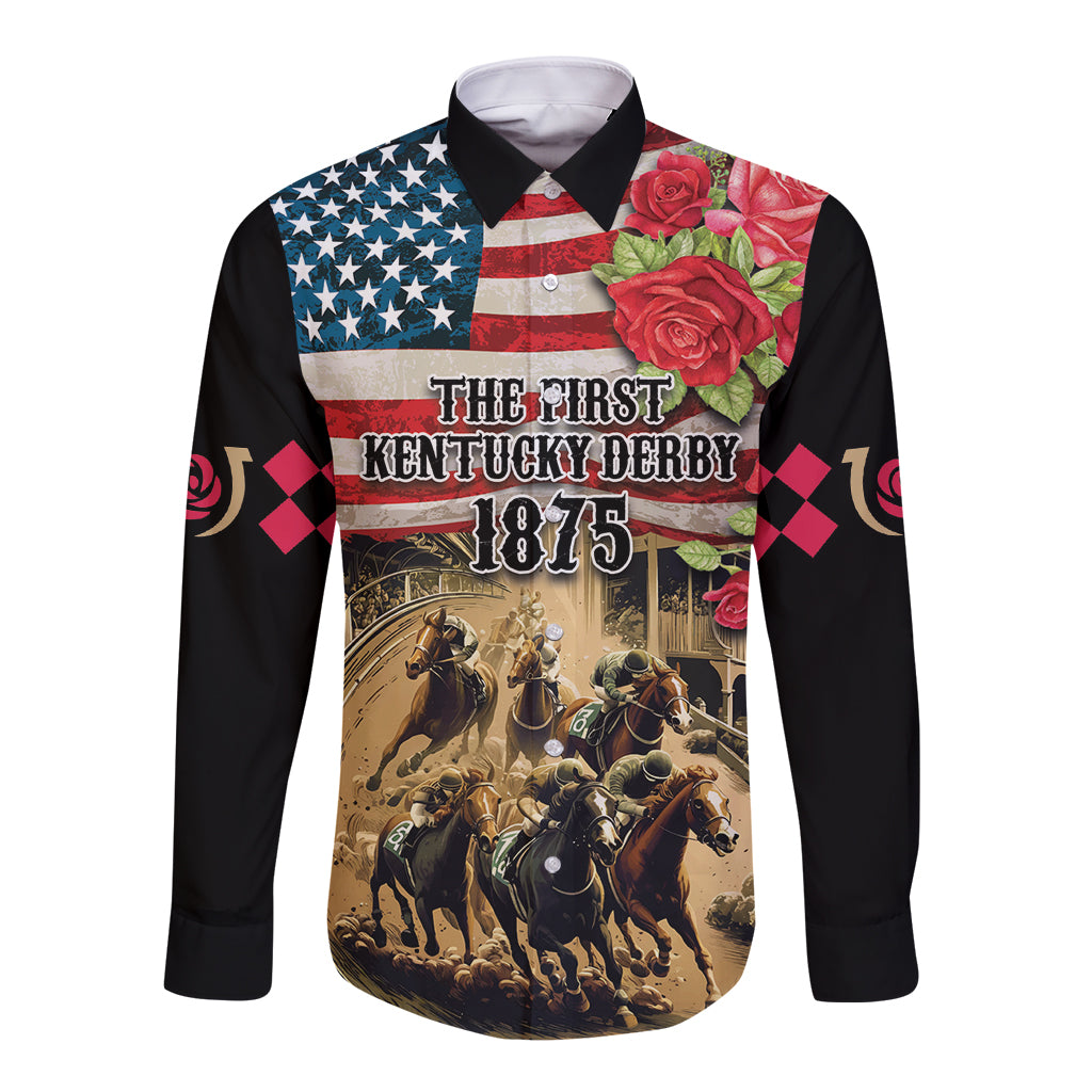 The First Kentucky Horse Racing Long Sleeve Button Shirt Since 1875 American Flag Vintage Style - Wonder Print Shop