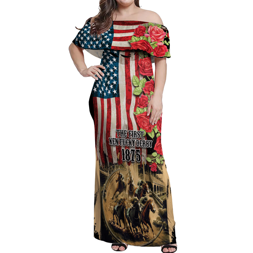 The First Kentucky Horse Racing Off Shoulder Maxi Dress Since 1875 American Flag Vintage Style - Wonder Print Shop