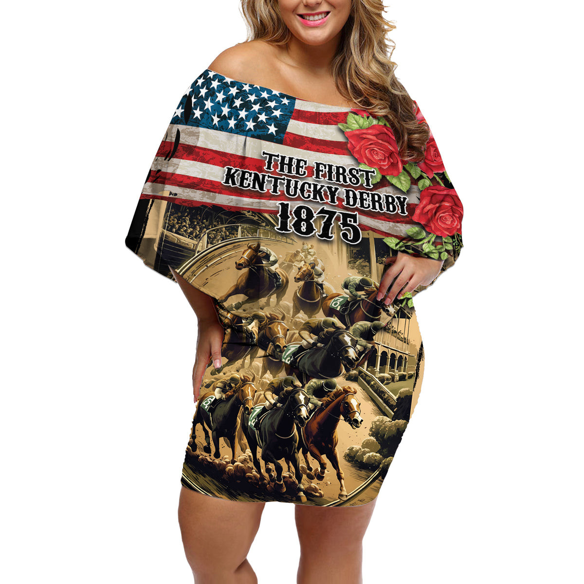 The First Kentucky Horse Racing Off Shoulder Short Dress Since 1875 American Flag Vintage Style - Wonder Print Shop