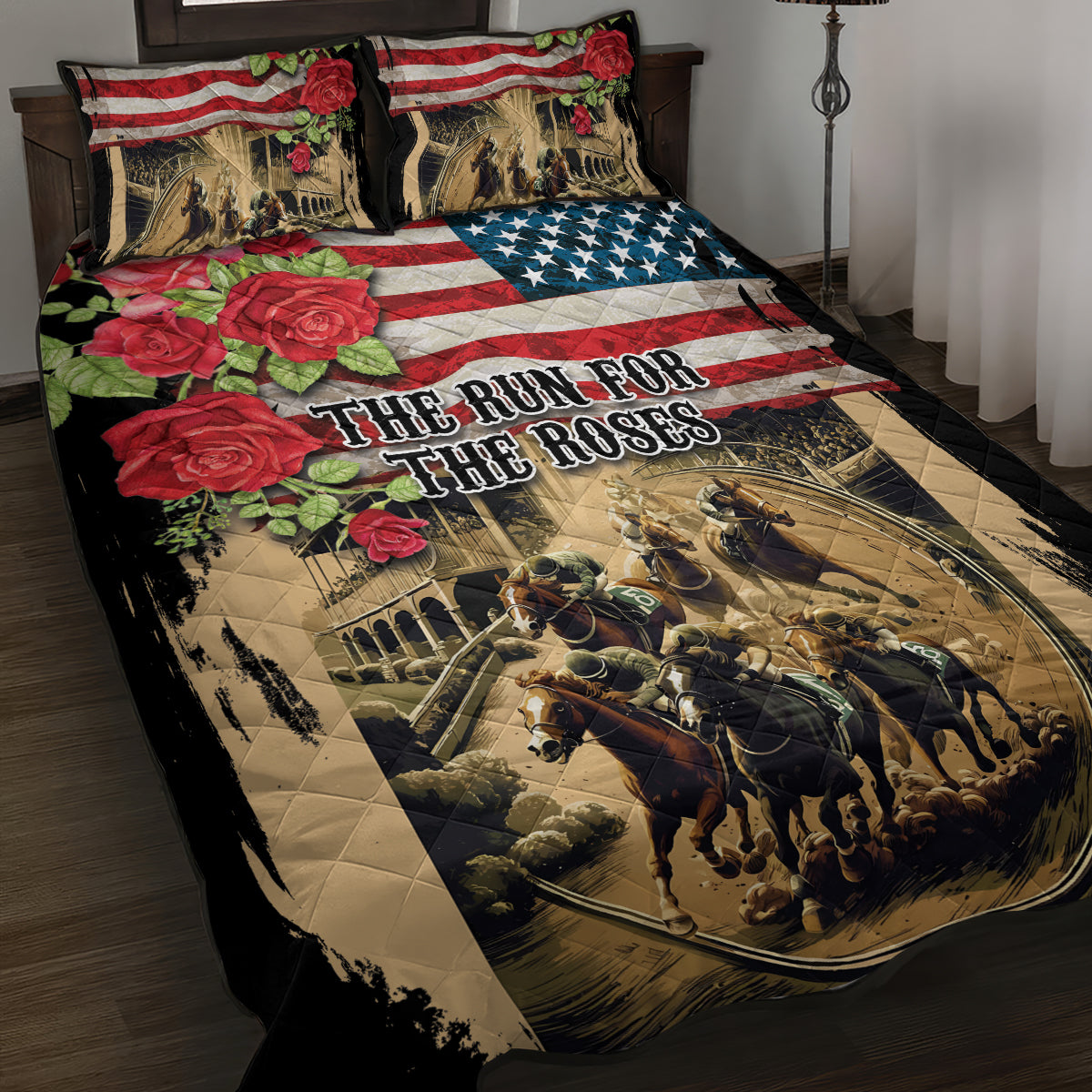 The First Kentucky Horse Racing Quilt Bed Set Since 1875 American Flag Vintage Style