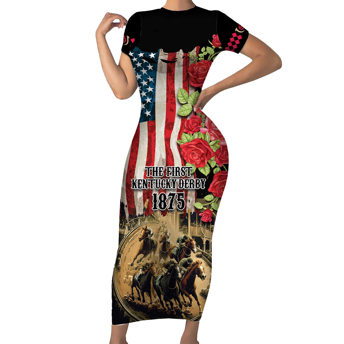 The First Kentucky Horse Racing Short Sleeve Bodycon Dress Since 1875 American Flag Vintage Style - Wonder Print Shop