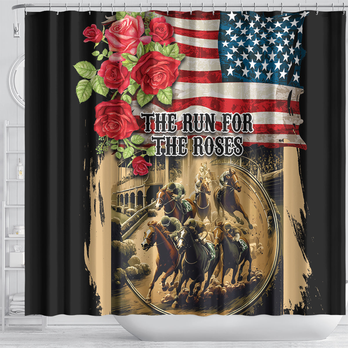 The First Kentucky Horse Racing Shower Curtain Since 1875 American Flag Vintage Style