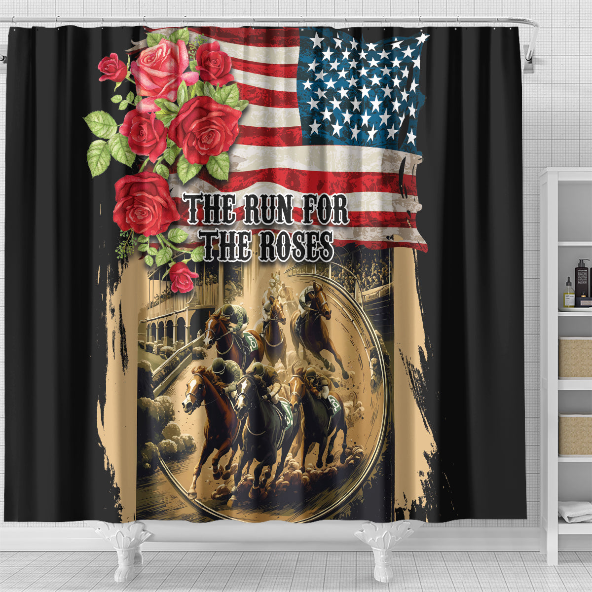 The First Kentucky Horse Racing Shower Curtain Since 1875 American Flag Vintage Style
