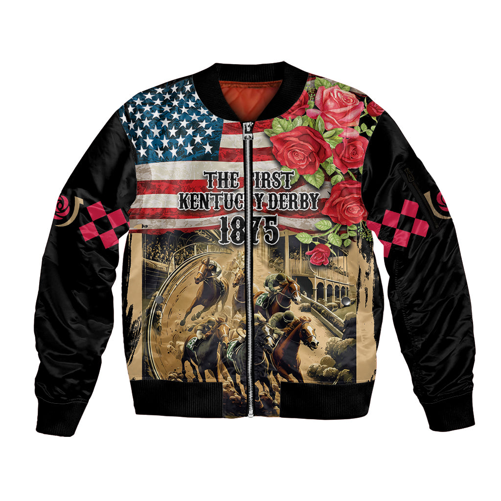 The First Kentucky Horse Racing Sleeve Zip Bomber Jacket Since 1875 American Flag Vintage Style - Wonder Print Shop