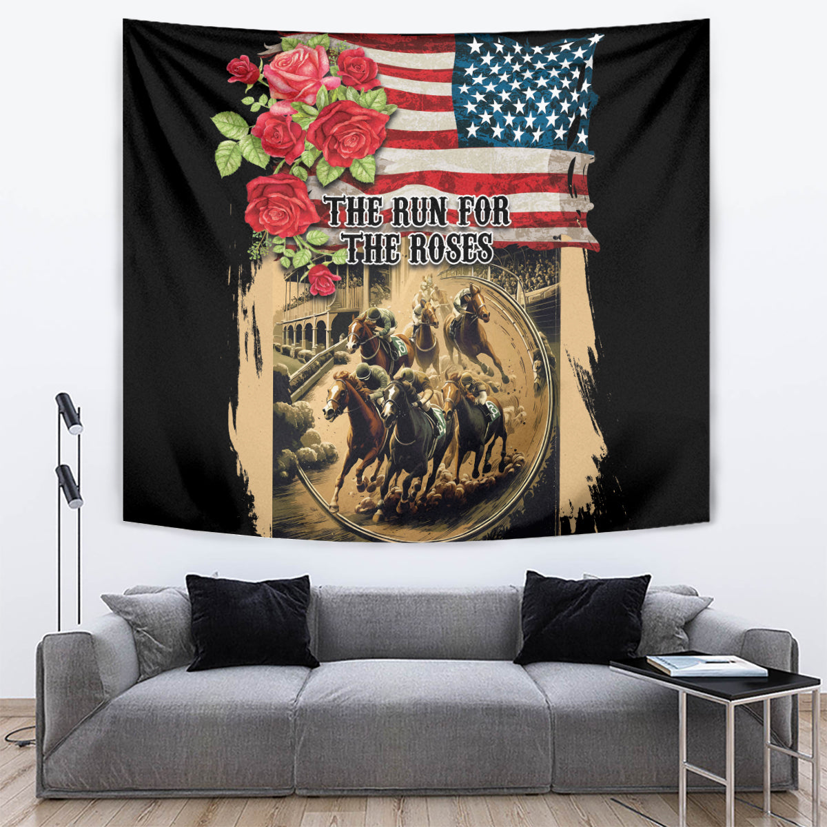 The First Kentucky Horse Racing Tapestry Since 1875 American Flag Vintage Style