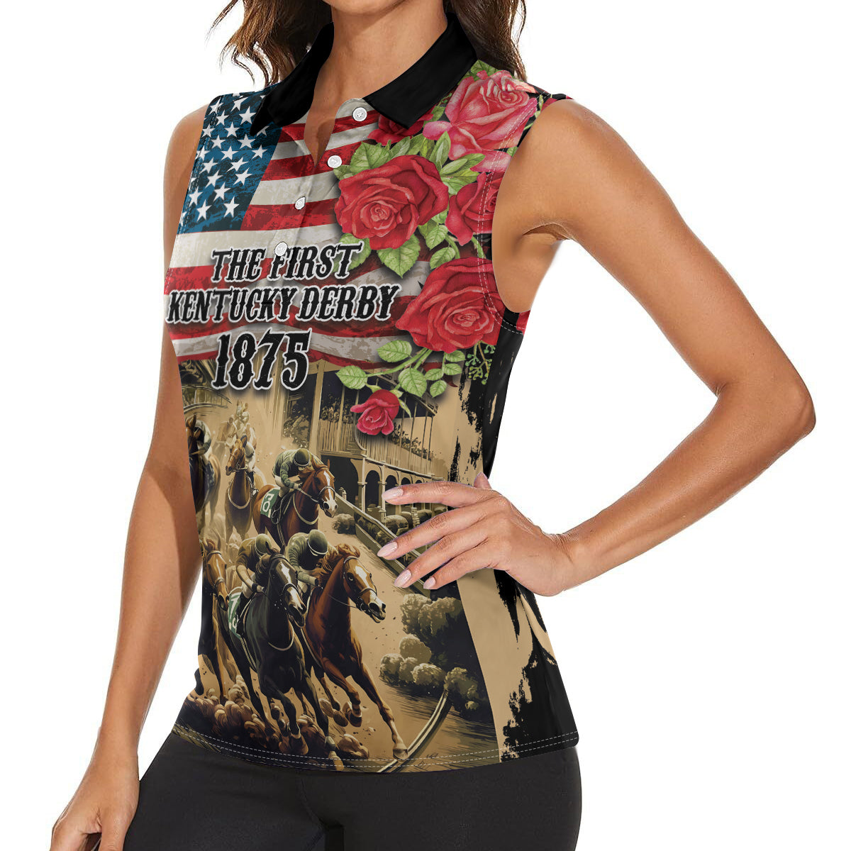 The First Kentucky Horse Racing Women Sleeveless Polo Shirt Since 1875 American Flag Vintage Style - Wonder Print Shop