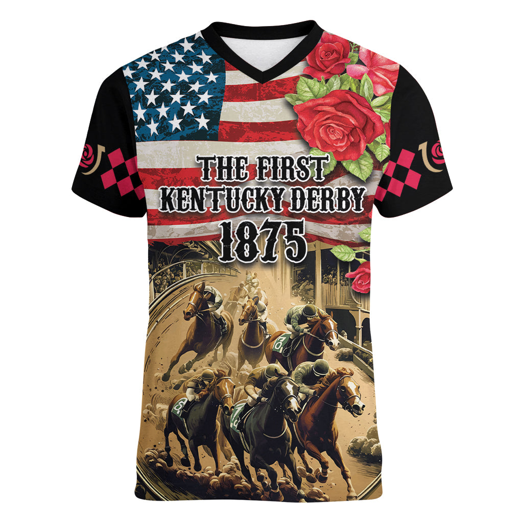 The First Kentucky Horse Racing Women V-Neck T-Shirt Since 1875 American Flag Vintage Style - Wonder Print Shop