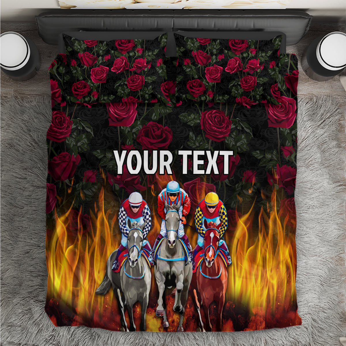 Personalized Kentucky Horses Racing Bedding Set Race For Burning Roses